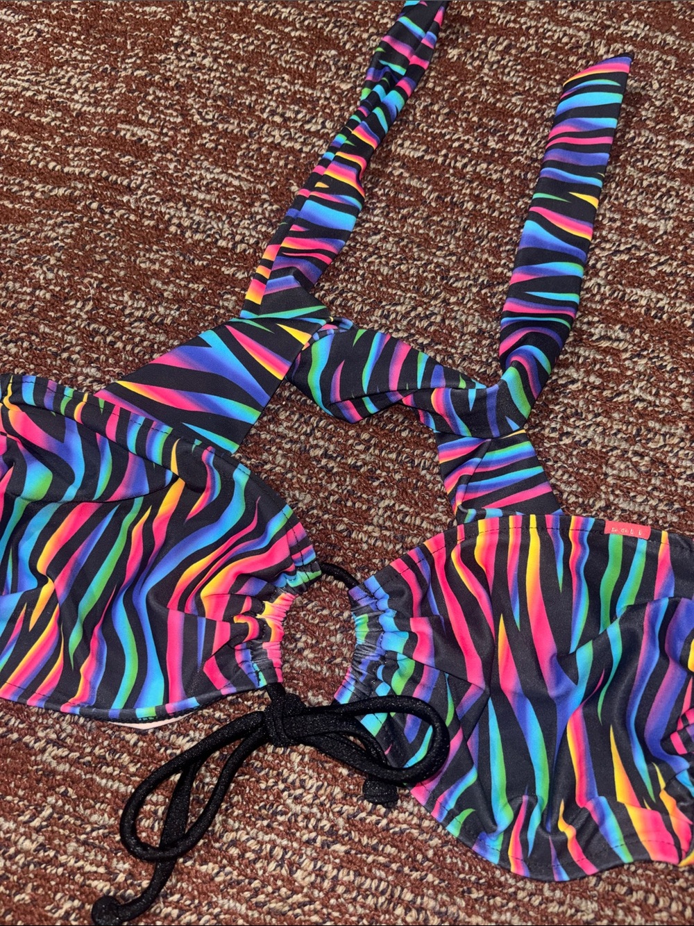 Colorful animal print bikini top  keyhole front tie back neon zebra swim top M